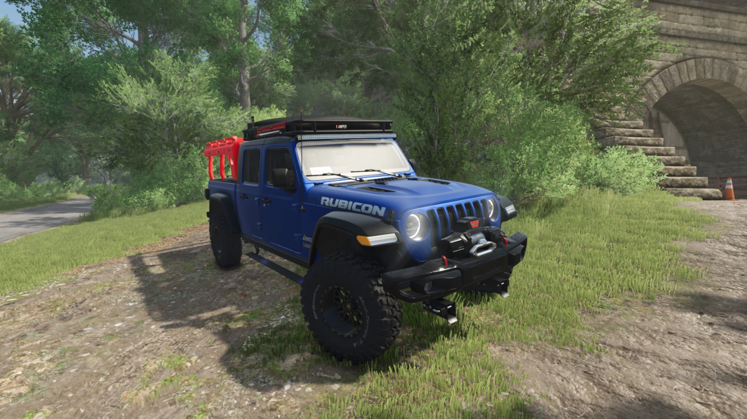 Farming Simulator 25 mod: 2022 Jeep Gladiator Rubicon off-road vehicle parked on grassy terrain surrounded by trees.