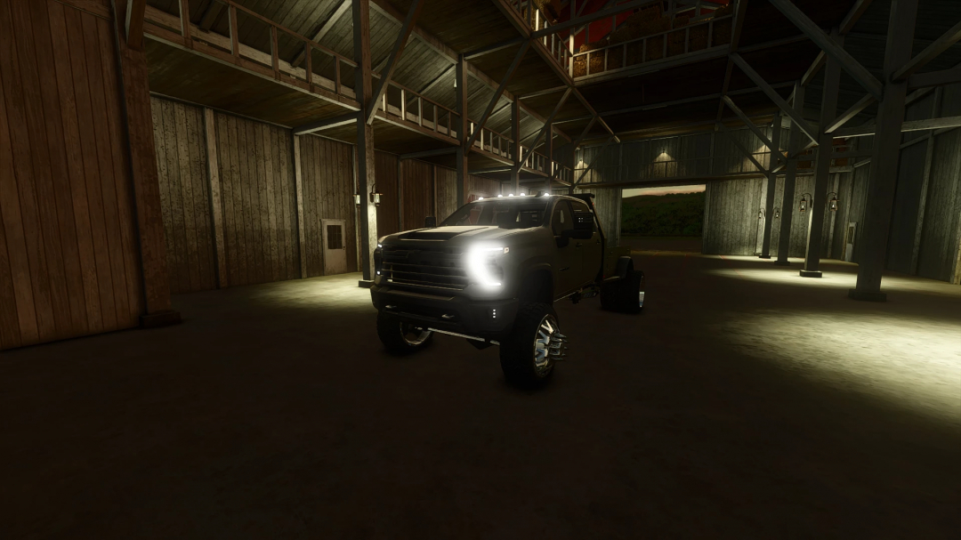 Farming Simulator 25 mod: 2024 Chevy HighCountry v1.0.0.0 truck inside a rustic barn at night, illuminated by its headlights.