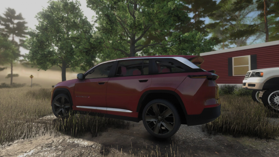 Farming Simulator 25 mods: 2025 Jeep Wagoneer S v1.0.0.0 parked outdoors under trees, with a red building and white vehicle nearby.