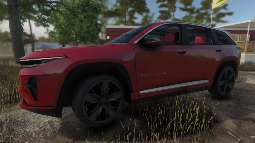 Red Jeep Wagoneer S mod from Farming Simulator 25, parked outdoors with trees and buildings in the background.
