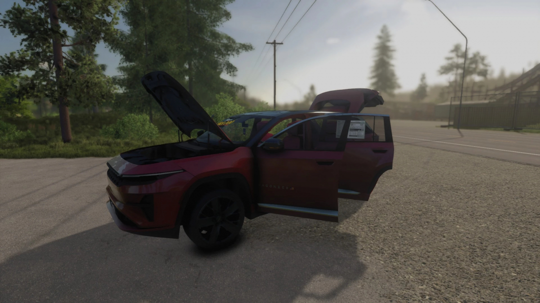 Farming Simulator 25 mod: 2025 Jeep Wagoneer S with hood, doors, and trunk open, parked on roadside near trees and utility poles.