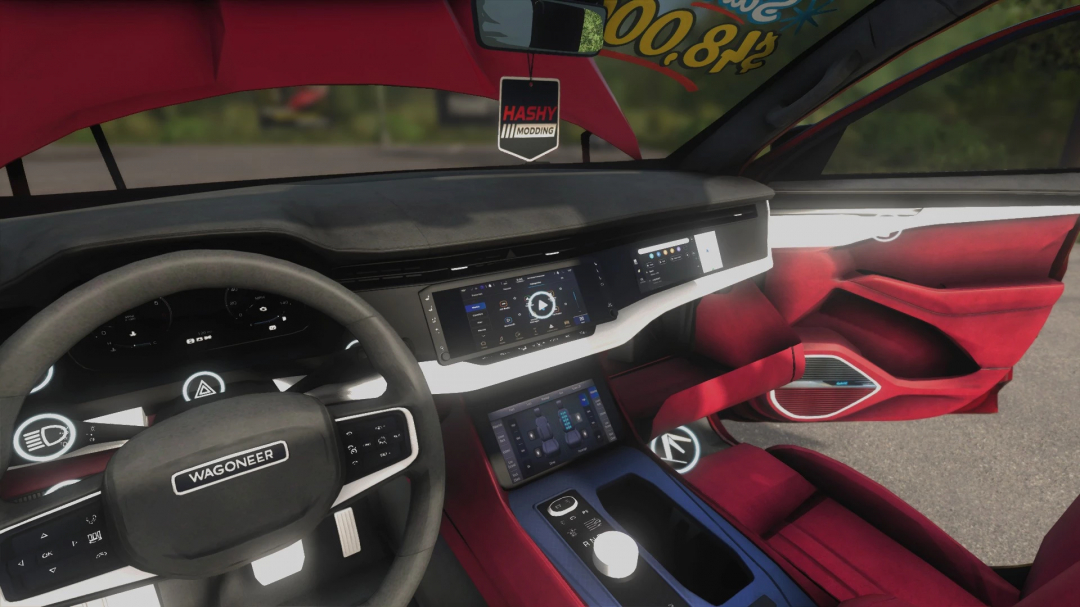 Interior of a modern Jeep Wagoneer S mod from Farming Simulator 25, showcasing advanced dashboard and red interior accents.