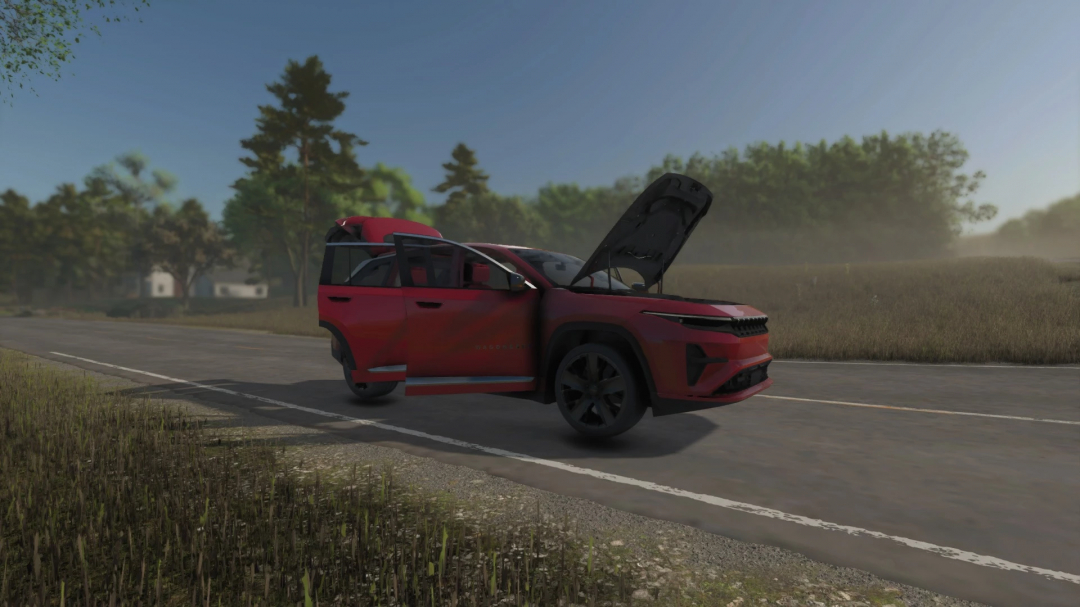 A red 2025 Jeep Wagoneer S mod from Farming Simulator 25 with open hood on a rural road, part of FS25 mods collection.