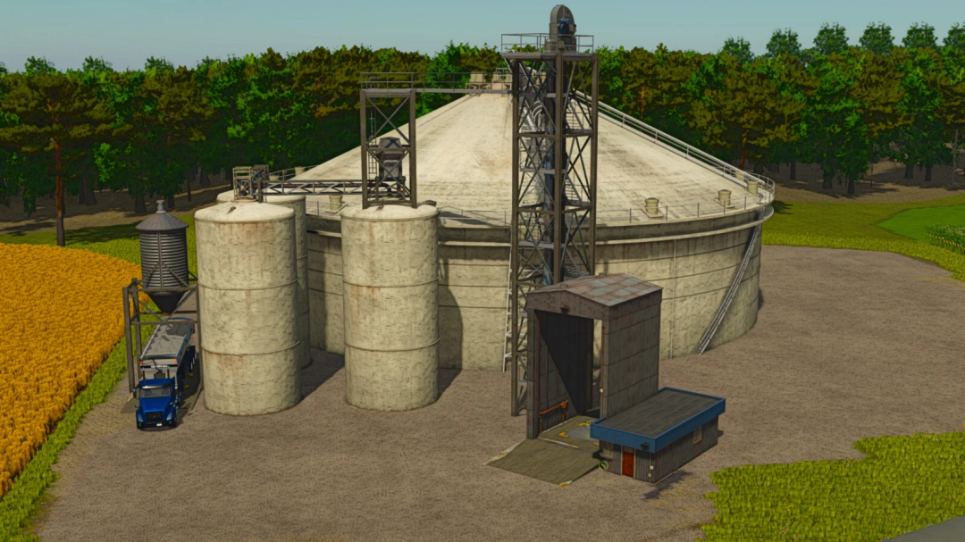 Farming Simulator 25 mod: American Pig Feed Mill v1.0.0.0, a large feed processing facility with silos and conveyor systems.