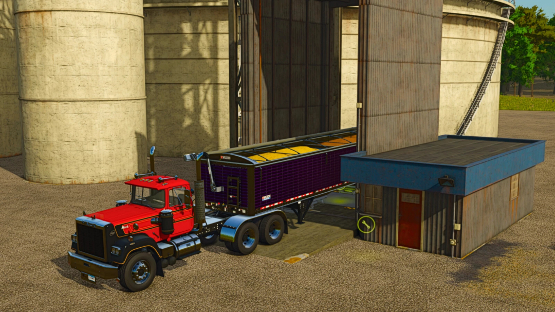 Farming Simulator 25 mod: Red truck with a Purple feed mill trailer near silos, illustrating American Pig Feed Mill v1.0.0.0.