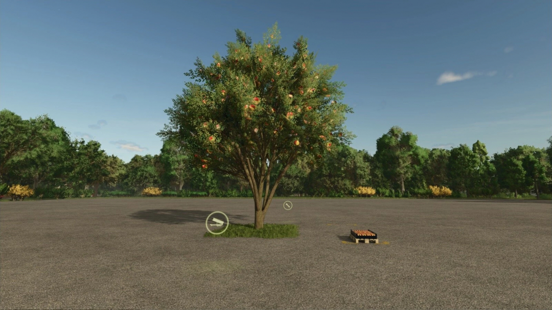 Apple tree from FS25 mods in Farming Simulator 25, with apples on branches, on a virtual farm landscape.