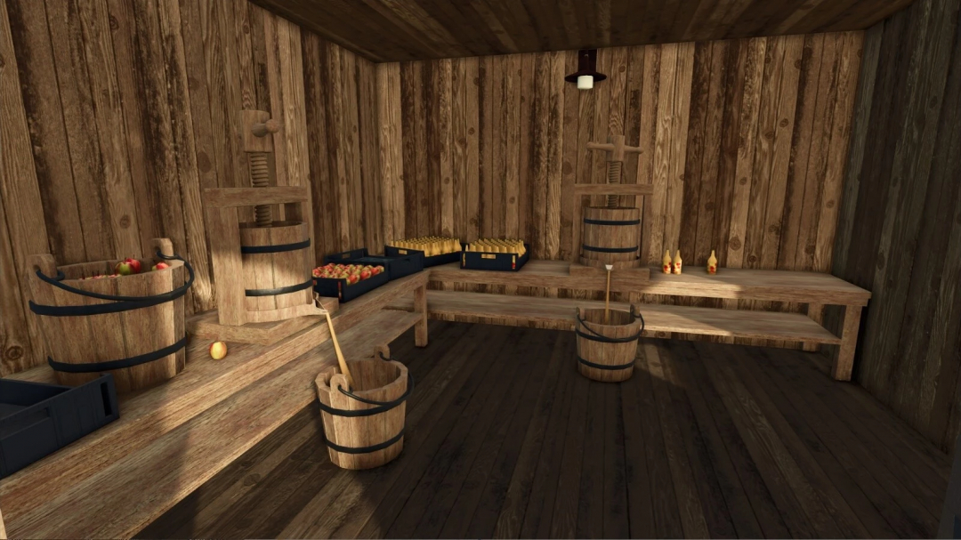 Inside a rustic wooden room with apple harvesting tools, crates of apples, and apple juice bottles as FS25 mods in Farming Simulator 25.