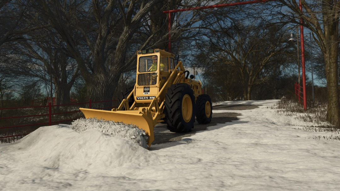 Farming Simulator 25 mod: Volvo snow blower attachment clearing snow on a winter farm road.