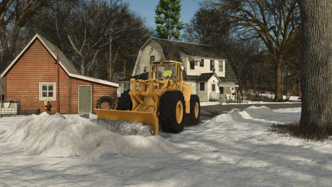 Farming Simulator 25 mod scene with a yellow Volvo snow plow clearing snow in winter neighborhood.