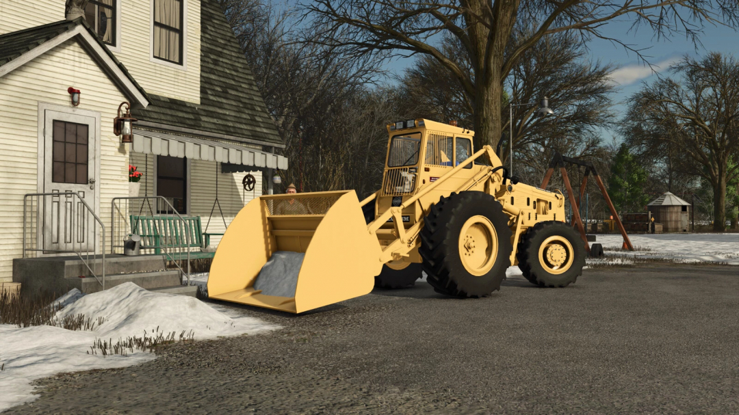 Farming Simulator 25 mod: BM Volvo Snow Gear v1.0.0.0, yellow snow plow attached to a tractor clearing snow in front of a house