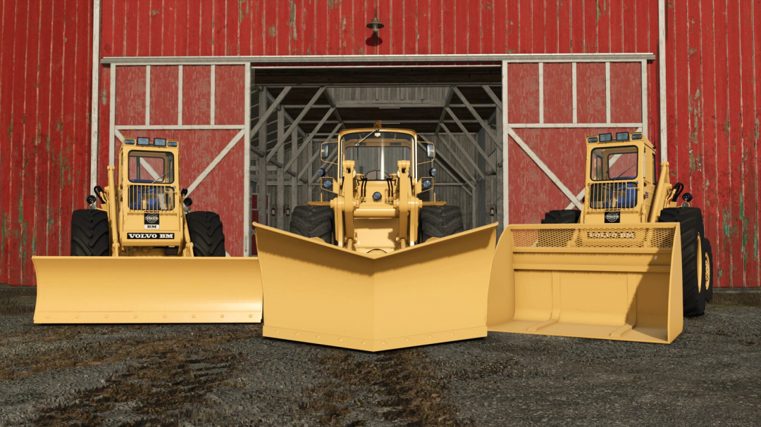 Three Volvo wheel loaders with snow gear attachments parked in front of a red barn in Farming Simulator 25, showcasing FS25 mods.