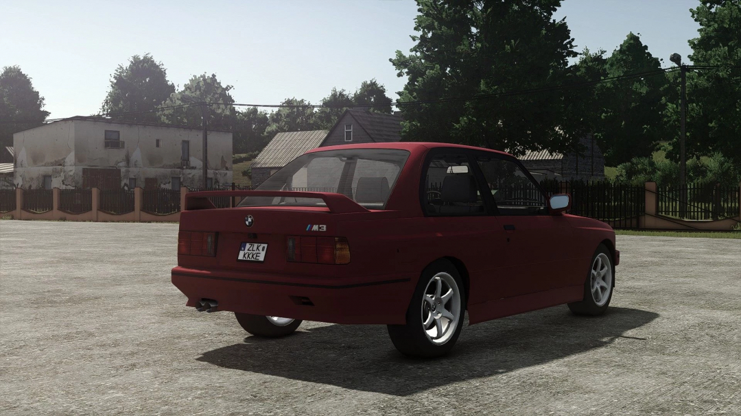 Red BMW M3 E30 Coupe from Farming Simulator 25 mods, showing the rear view in a rural environment.