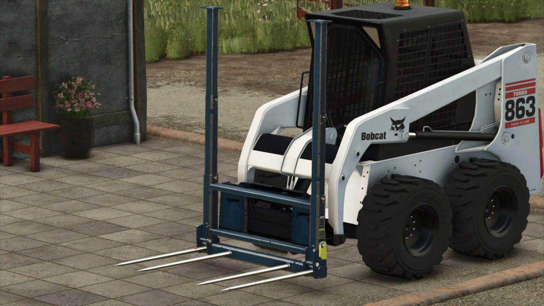 FS25 mods: Bobcat Bale Spike v1.0.0.0 attached to a skid steer loader in Farming Simulator 25.