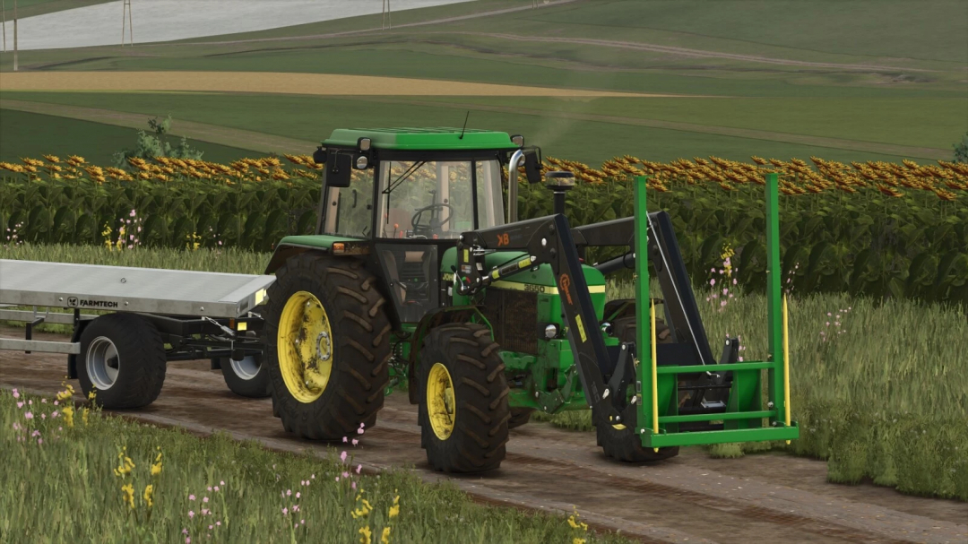 Farming Simulator 25 mod: John Deere tractor with Bale Spike v1.0.0.0 for transporting bales in FS25.
