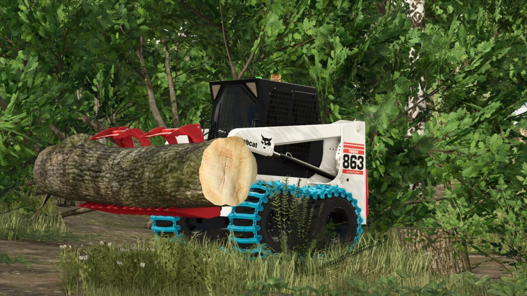 Farming Simulator 25 mod featuring the Bobcat 863 Turbo with a red pine log and blue tracked loader, set in a forest environment.