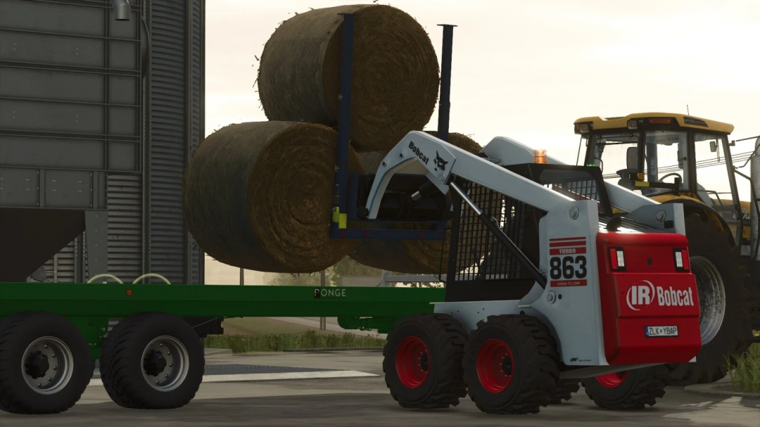 Farming Simulator 25 mod, Bobcat 863 Turbo with Bobcat shovel lifting large hay bales.
