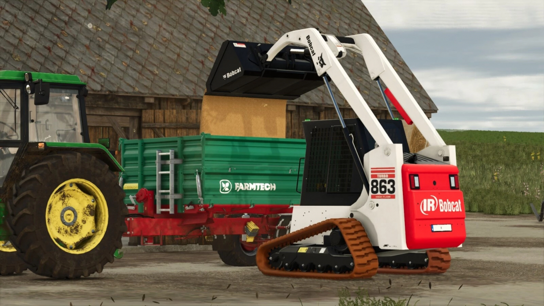 Farming Simulator 25 mod featuring the Bobcat 863 Turbo with shovel, a versatile tracked loader for farming tasks.