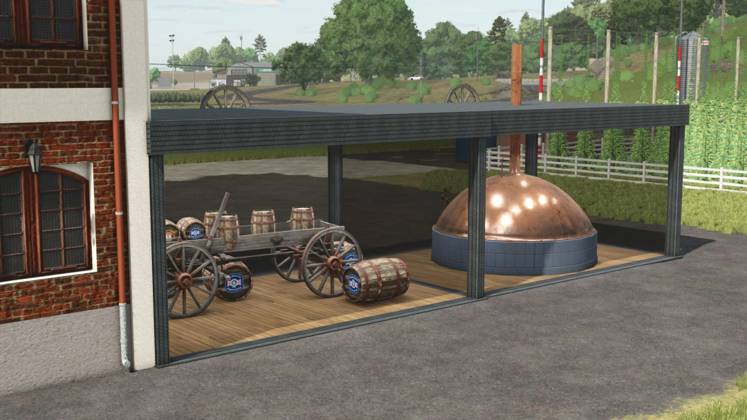 Farming Simulator 25 mod: Brewery with hop plantation, includes barrels, cart, and copper brewing kettle inside a covered outdoor area.
