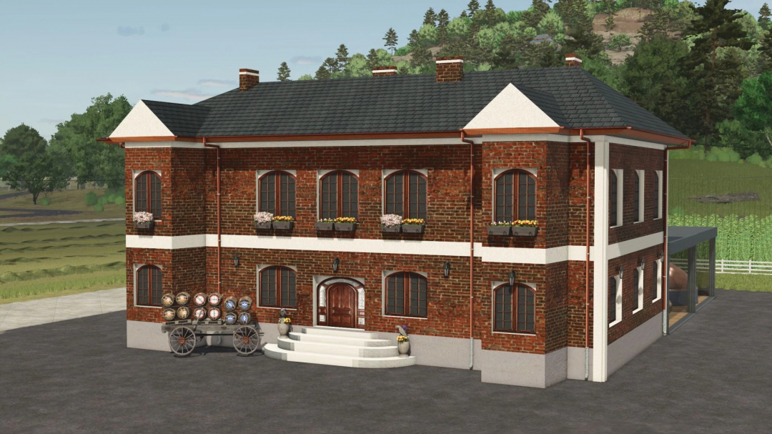 Farming Simulator 25 mod: Brewery with hop plantation, detailed brick building, decorative windows, and farming equipment in the foreground.