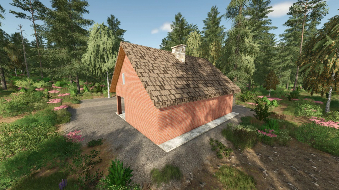 Brick house mod from Farming Simulator 25 with garden and surrounding trees, version 1.0.0.0.
