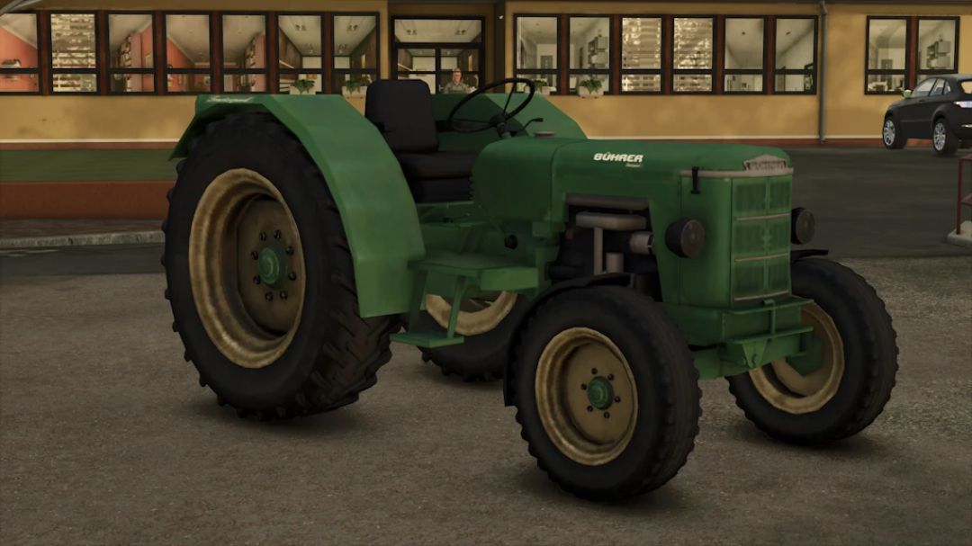 Green Buehrer RP21 tractor mod in Farming Simulator 25, parked on a street with buildings in the background.