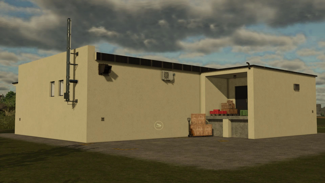 Farming Simulator 25 mod: COOP Jednota v1.0.0.0 building with delivery area, stacked boxes, and farm equipment, part of FS25 mods.