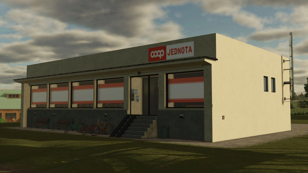 Farming Simulator 25 mod featuring COOP Jednota store building with bicycles outside, in-game detail from Farming Simulator 25 mods.