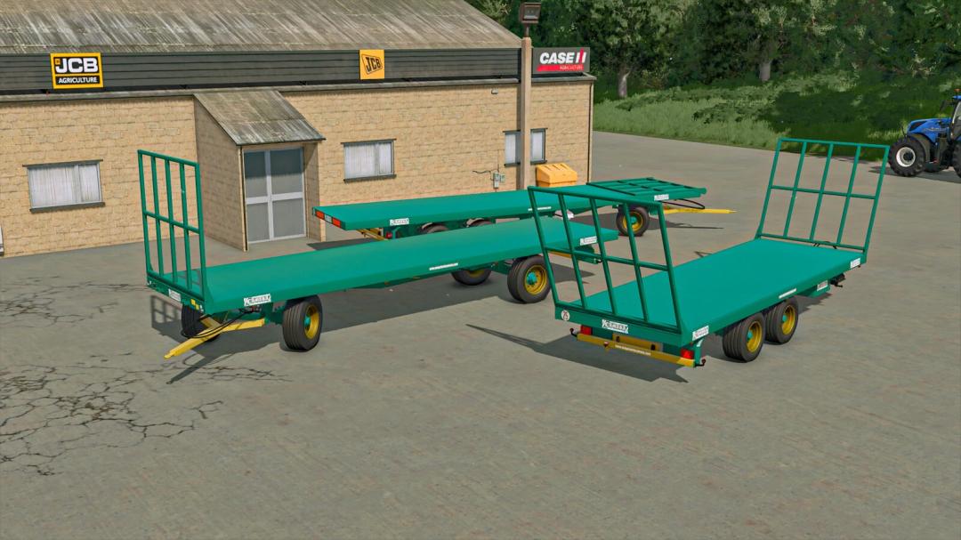 Farming Simulator 25 mods featuring Camara Platforms Pack v1.0.0.0 trailers with guard rails on a farm yard.