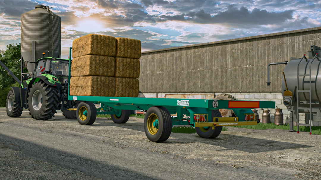Farming Simulator 25 mod image showing a tractor pulling a hay bale trailer with large hay bales, part of the Camara Platforms Pack v1.0.0.0.