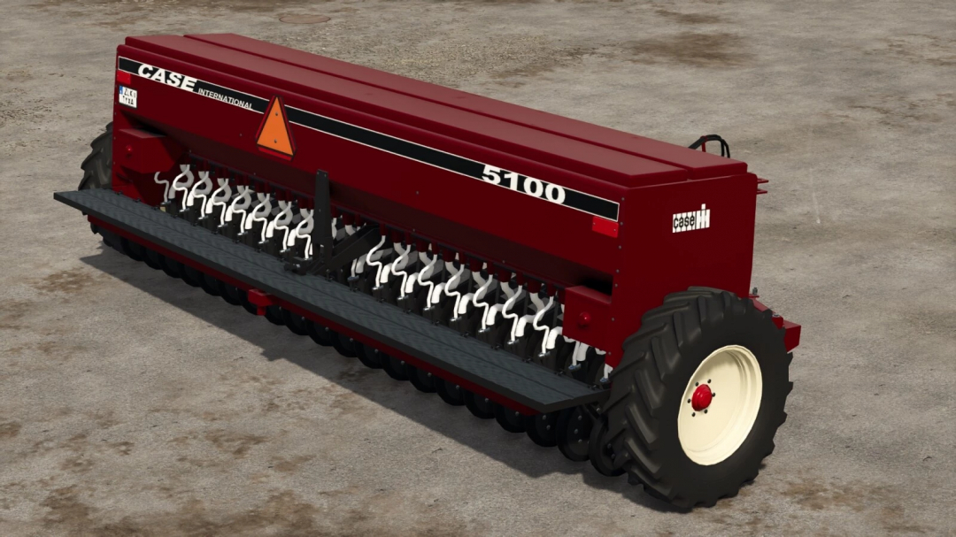 Farming Simulator 25 mod: Case 5100 seed drill in red, used for planting crops, with detailed wheels and branding.