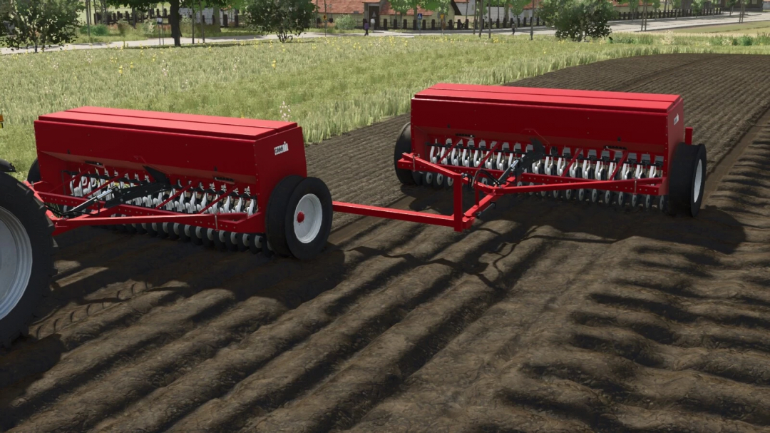 Farming Simulator 25 mod: red seed drill with disc openers attached to a tractor, used for planting seeds, part of the FS25 mods collection.