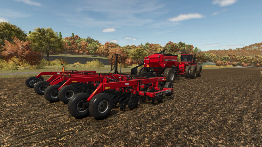 Farming Simulator 25 mod: Case IH Concord Air Drill System v1.0.0.0 in a field, red seeder attached to a tractor, autumn landscape.