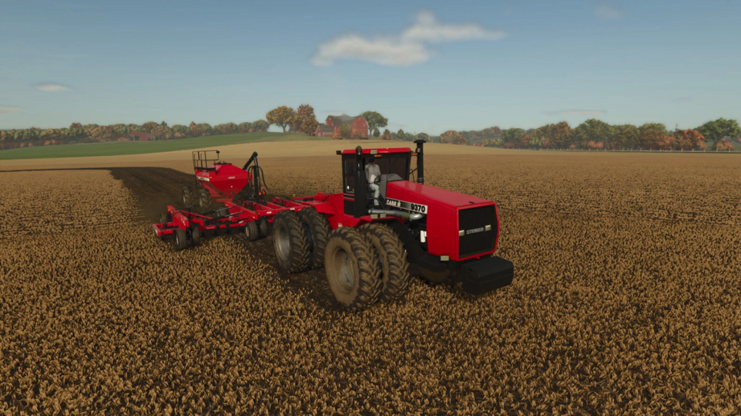 Farming Simulator 25 mod: Red Case IH tractor with air drill system working in a field.