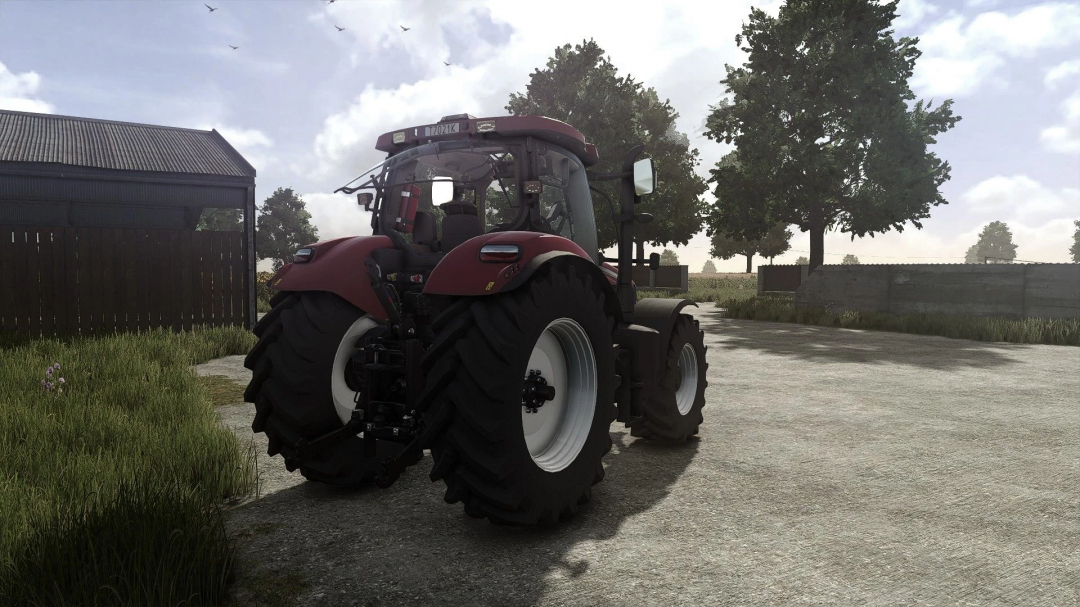Farming Simulator 25 mod featuring a Case IH Maxxum tractor on a farmyard with trees and a shed, realistic graphics for Farming Simulator 25 mods.