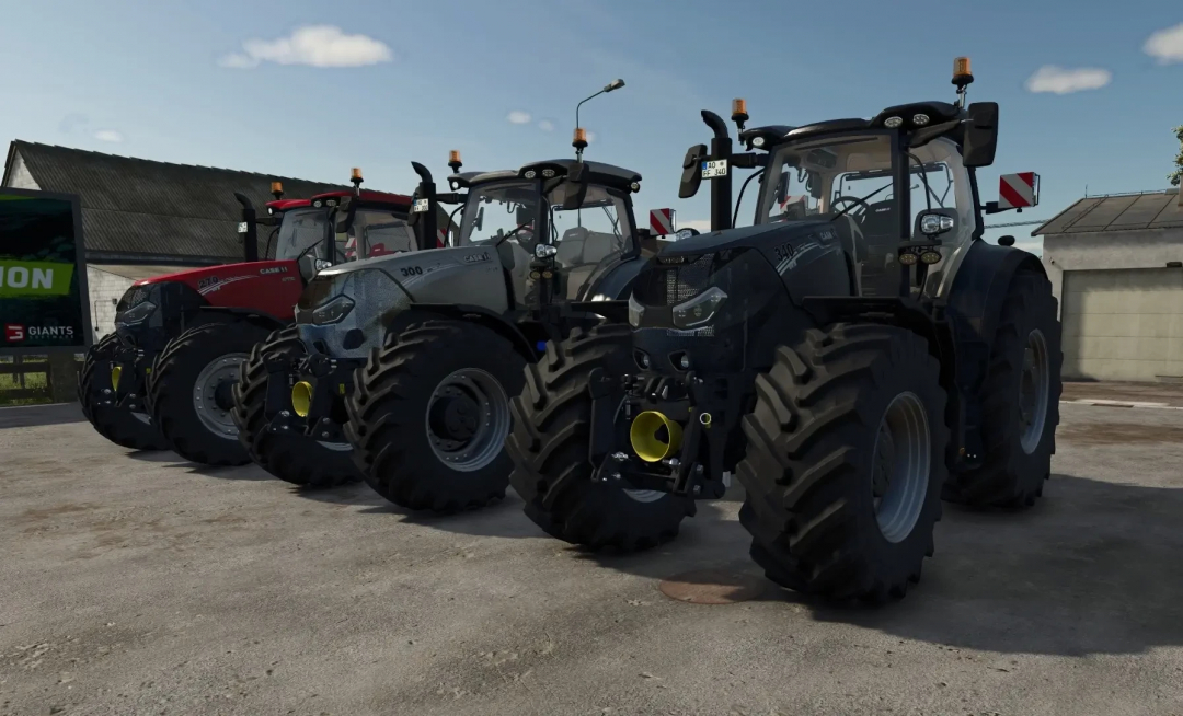 Lineup of three large farming tractors including Case IH Optum, Steyr Terrus, and New Holland T7 HD, for Farming Simulator 25 mods.