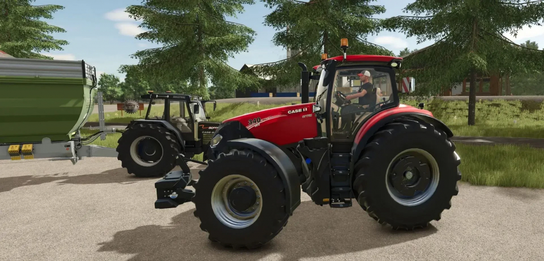 Farming Simulator 25 mod featuring a red Case IH tractor with a trailer, showcasing detailed agricultural machinery.