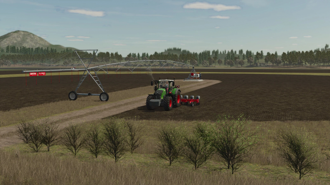 Farming Simulator 25 mod: tractor irrigating fields with Corteva Circular Pivot Irrigation system and adjustable irrigation arms.