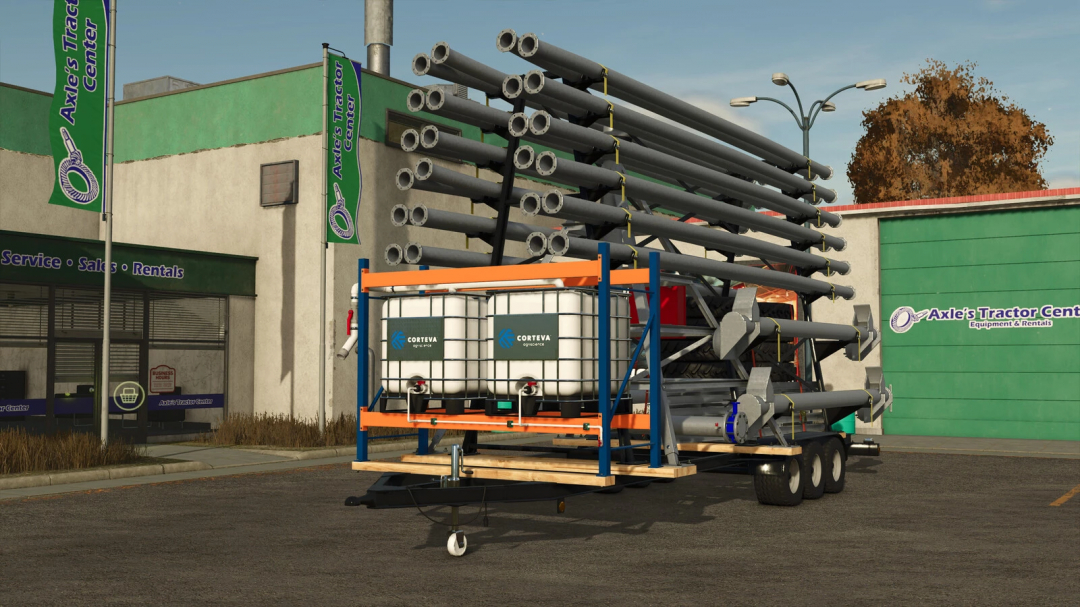 Farming Simulator 25 mod: Corteva Circular Pivot Irrigation setup with water tanks and large sprinkler arms for crop irrigation.