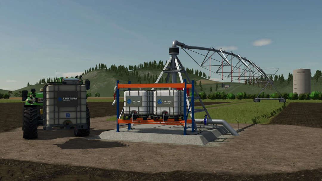 Farming Simulator 25 mod image of Corteva Circular Pivot Irrigation system with tanks, mechanical structure, and a tractor in a field.