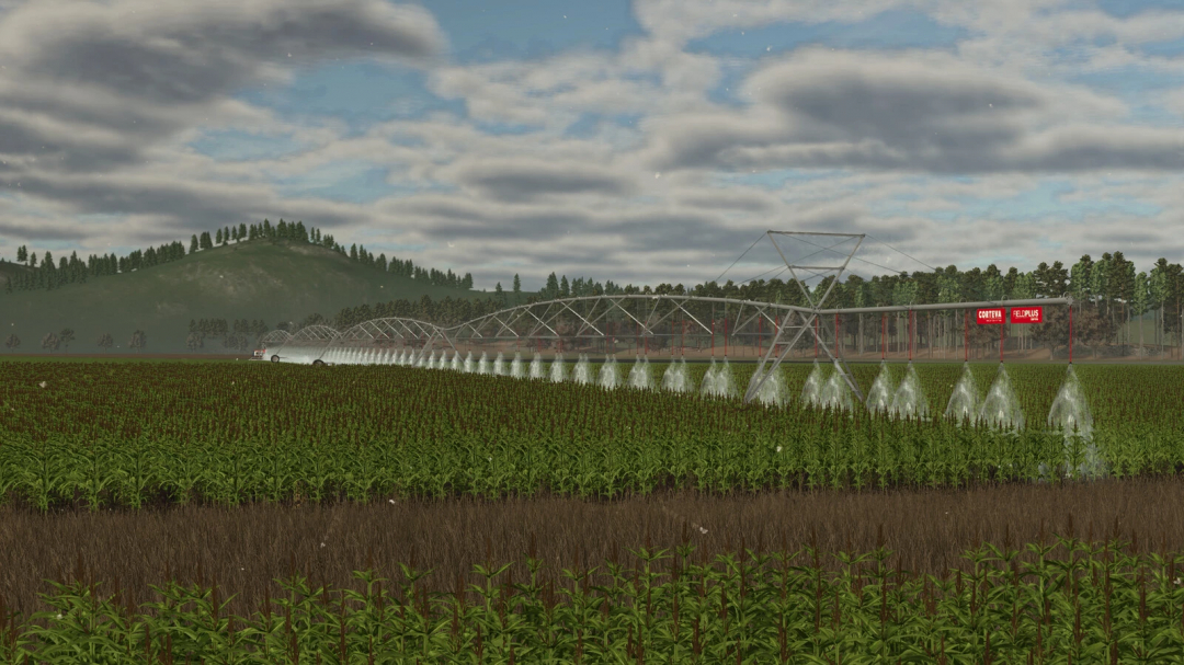 Farming Simulator 25 mod image showing Corteva Circular Pivot Irrigation system watering a field.