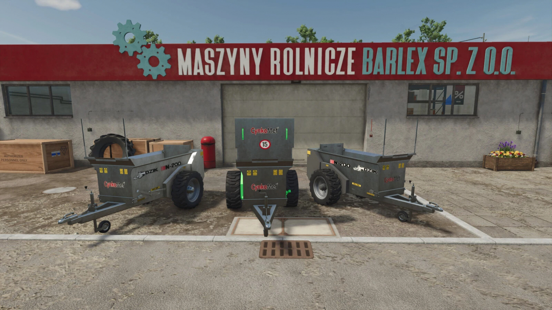 FS25 mod image of Cynkomet Dzik v1.0.0.0 trailers for Farming Simulator 25, positioned in front of a farm machinery shop.