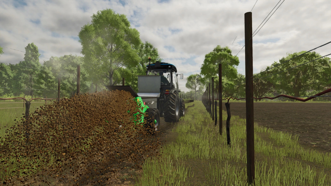 Farming Simulator 25 mod: tractor spreading soil on a farm field, showcasing the Cynkomet Dzik v1.0.0.0 mod in FS25.