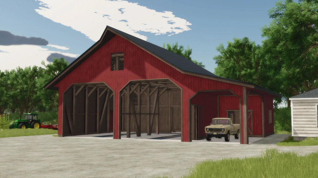 Farm building with a vintage truck, part of Elmcreek Placeables Pack v1.0.0.0 for Farming Simulator 25 mods, on a farm with trees and tractor in background.