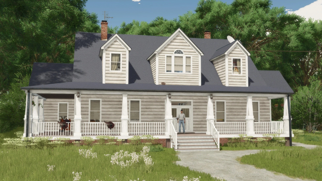 A detailed house modeled in Farming Simulator 25 with a large porch, dormer windows, and surrounded by greenery, part of Elmcreek Placeables Pack mod.