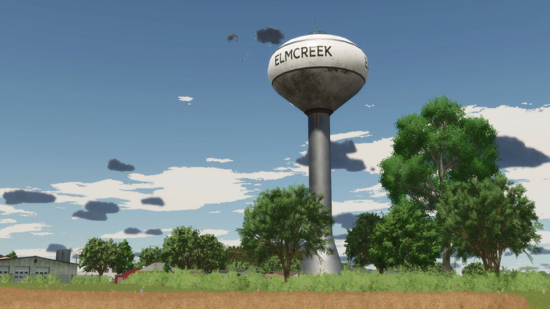 Elmcreek water tower in Farming Simulator 25 with trees and buildings, part of the Elmcreek Placeables Pack mod.
