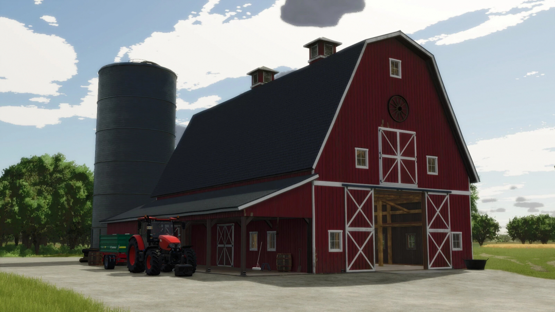 Farming Simulator 25 mods: Red barn with silo, tractor, and farm tools on Elmcreek map, showcasing the Elmcreek Placeables Pack v1.0.0.0.