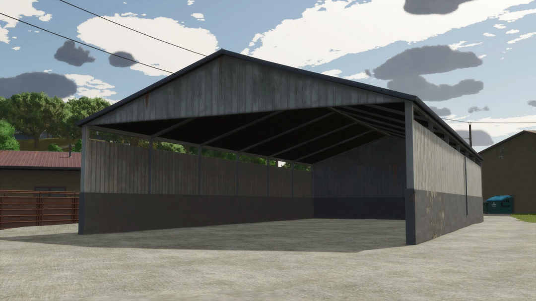Elmcreek Placeables Pack v1.0.0.0 mod for Farming Simulator 25, showing a large open shed with wooden and metal construction.
