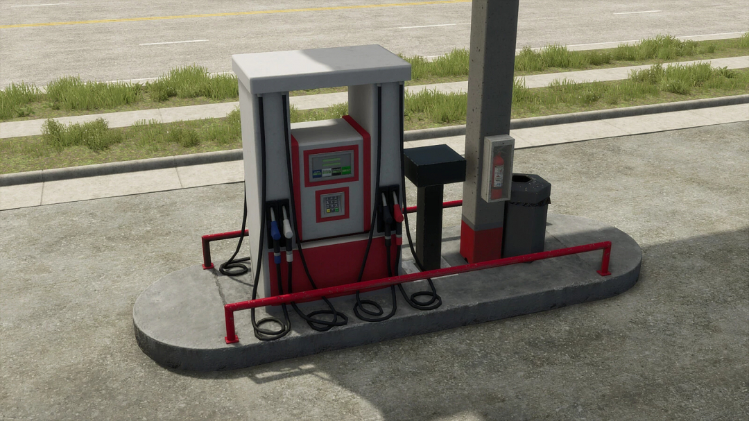 Fuel pump station with hoses, payment terminal, fire extinguisher, and safety equipment, part of Elmcreek Placeables Pack in Farming Simulator 25 mods.