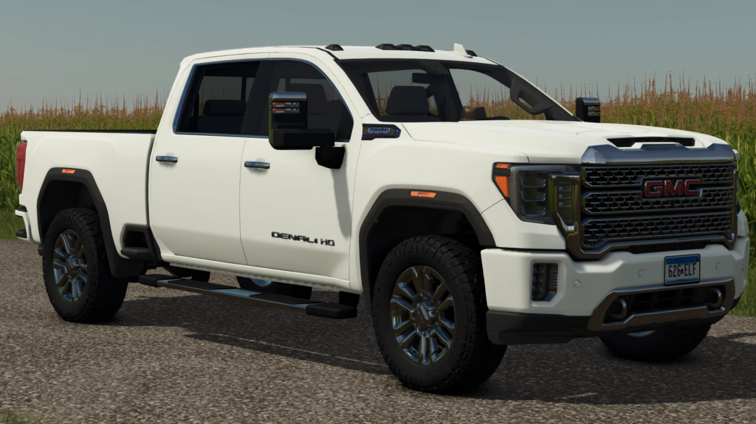 Farming Simulator 25 mod: GMC Sierra Denali 2500 pickup truck in white, detailed with black accents and realistic design.