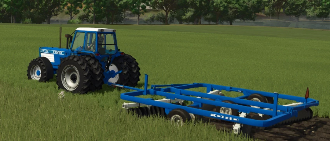 Farming Simulator 25 mod screenshot of a blue Ford tractor pulling a disc harrow for farming tasks.